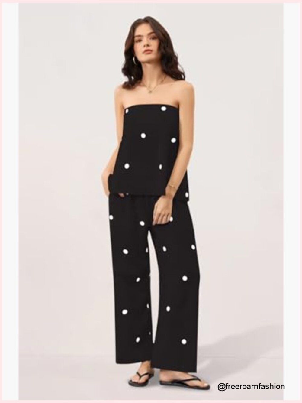 Polka Dot 2 Piece Outfit Strapless Tube Top Wide Leg Pants Summer Set - Picture 3 of 6